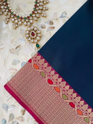 Banarasi Katan Silk Saree | Navy Blue & Maroon | Gold and Silver Zari | Handwoven | Silk Mark Certified | Ships from California